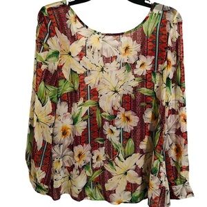 Boutique Medium Floral Boho Semi Sheer Coverup Top Blouse O